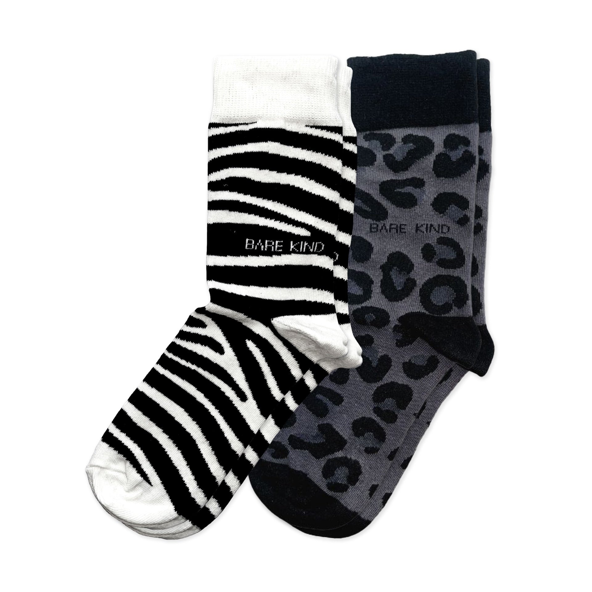 flat lays of zebra print and black panther print bamboo socks