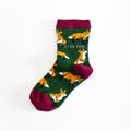 single sock flat lay of dark green fox socks for kids