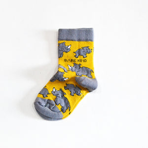 single flat lay of yellow rhino socks for kids
