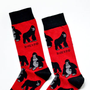cuff closeup flat lay of red and black gorilla bamboo socks