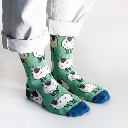 standing model, side angle view, wearing sheep socks