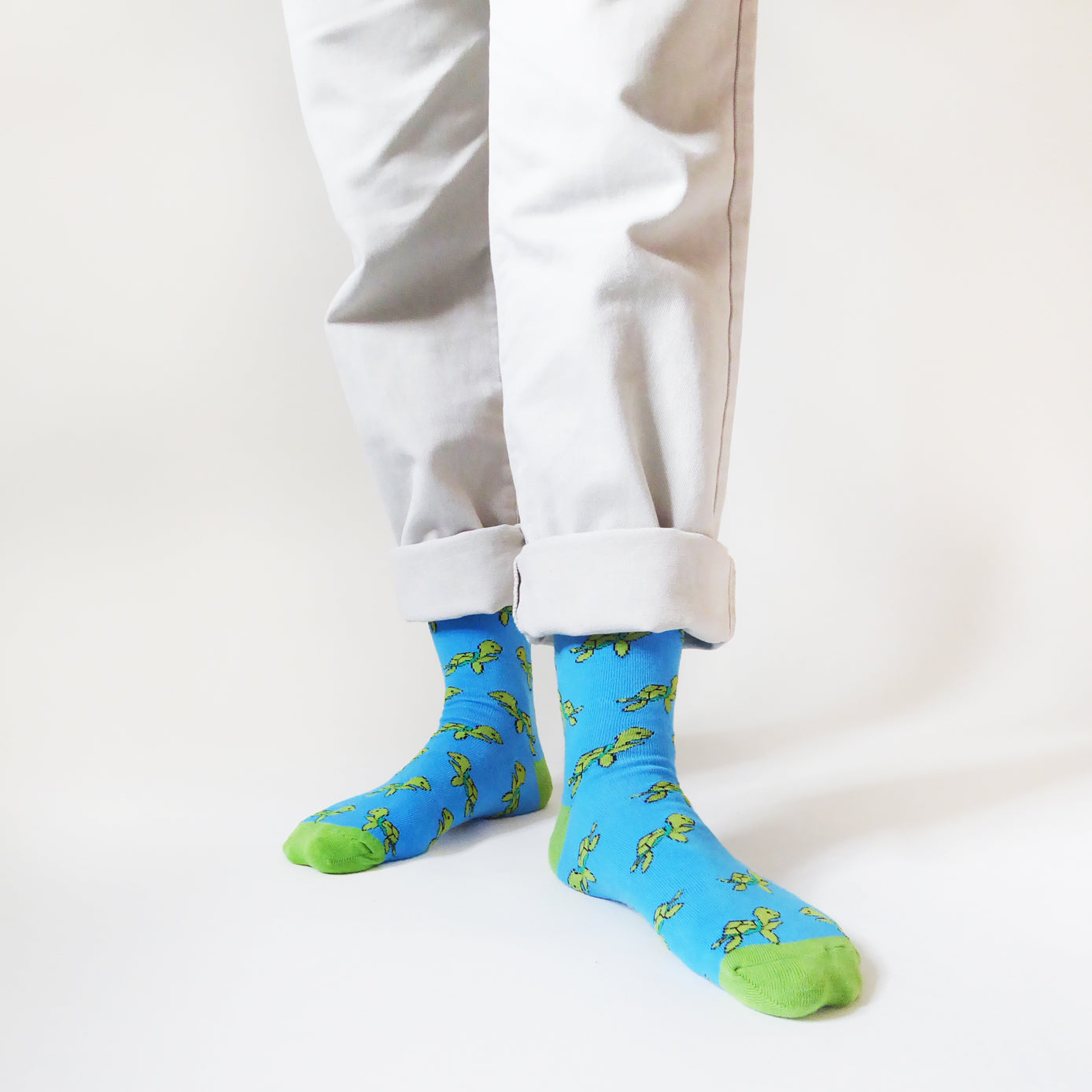 standing model wearing turtle bamboo socks