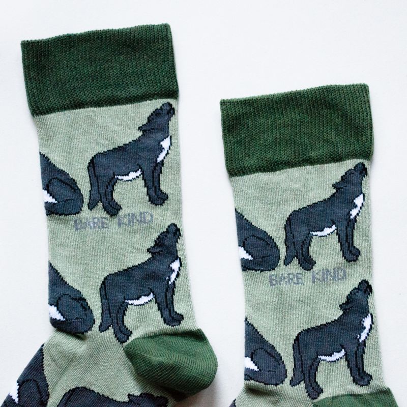 cuff closeup flat lay of green bamboo wolf socks